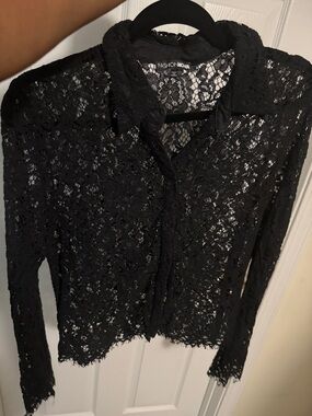 Fashion Nova Black Sheer Lace Button-Up Blouse